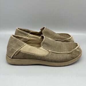 Crocs Kids j6 Beige Canvas Loafer Santa Cruz 2 Slip-On Moc‎ Toe Comfort Shoes